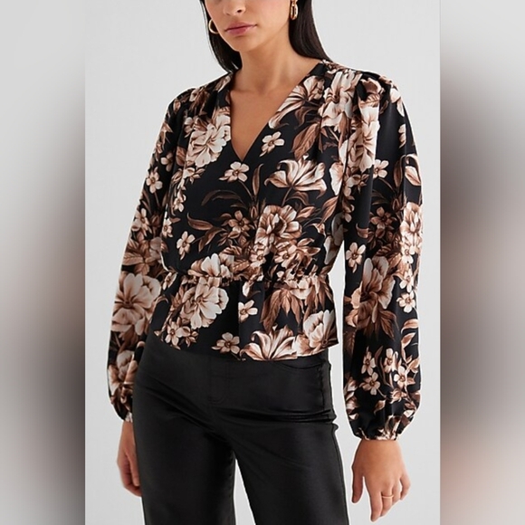 Express Tops - Vintage-Inspired Floral Peplum Blouse with Puff Sleeves
